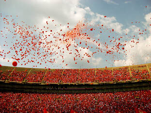 Dozens of red balloons released at an open-air stadium