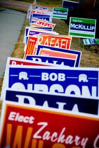 A long column of campaign yard signs along the sidewalk