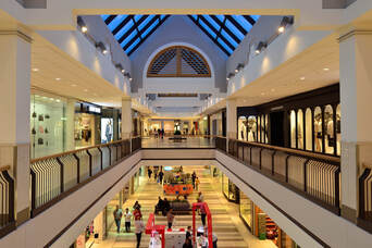 The interior view of a shopping mall from the upper level