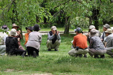 Japanese seniors in the grass playing Duck-Duck-Goose