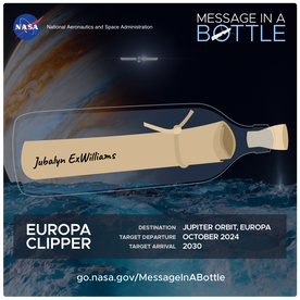 A computerized image with Jubalyn's name on a piece of paper in a bottle. The planet Jupiter is in the background and a NASA in the corner.